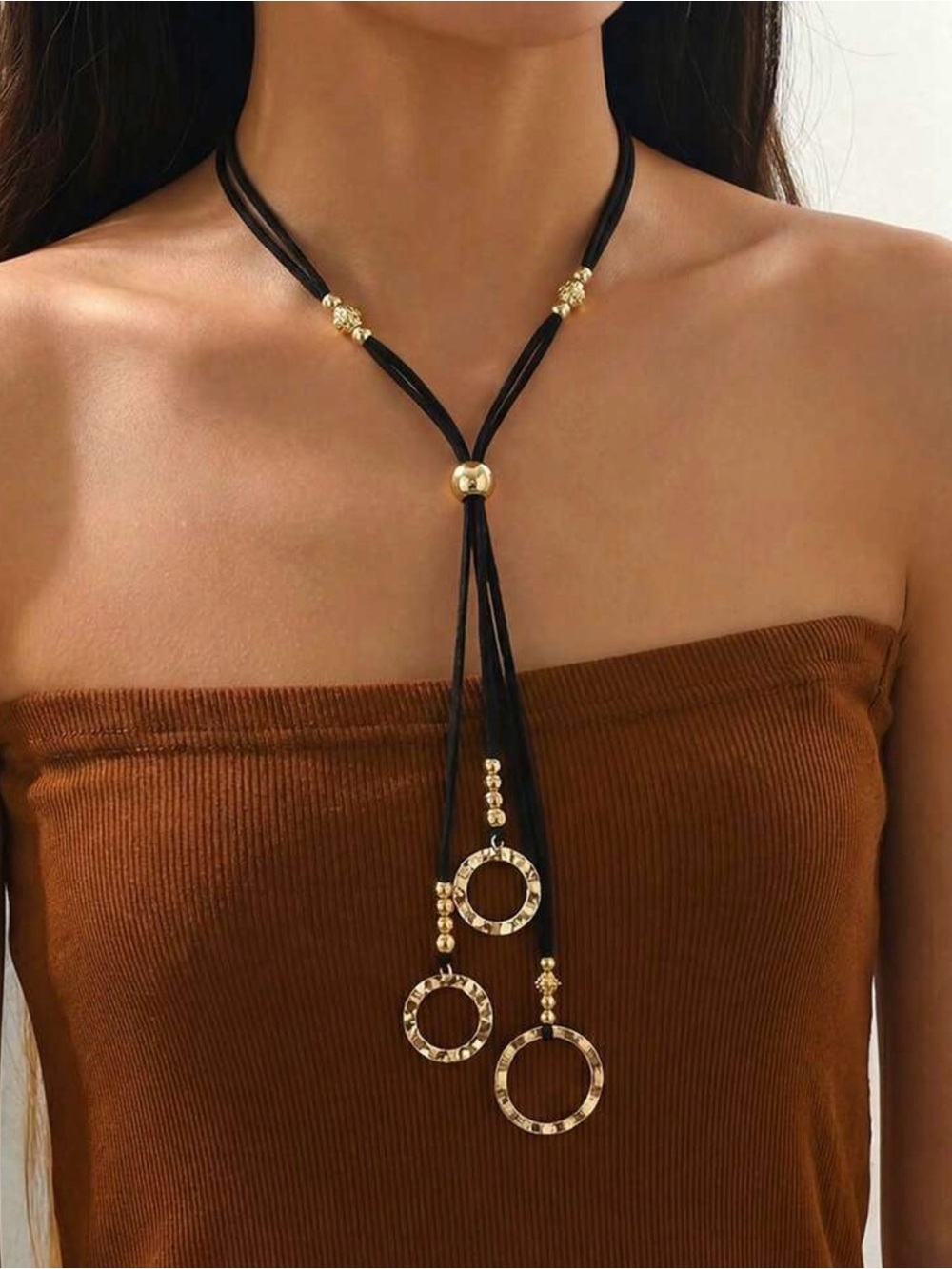 Elegant Gold Drop Circle Necklace - Black Cord - Picture 4 of 4
